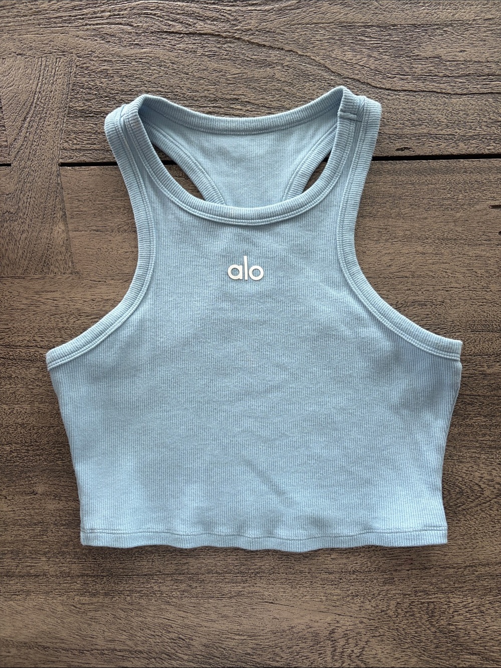 ALO Yoga Light Blue Ribbed Racerback Crop Tank - celestial blue aspire tank